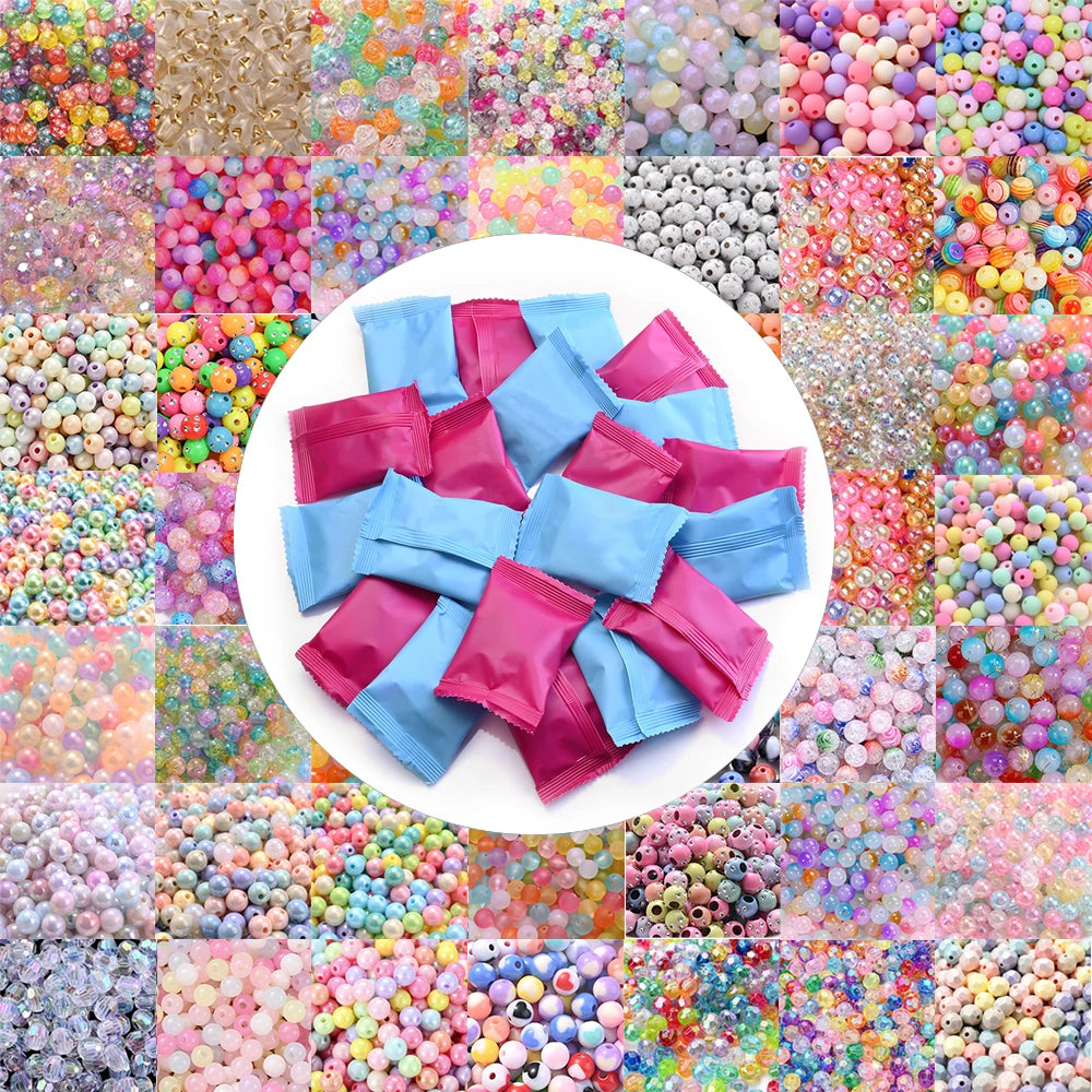 A collection of colorful acrylic beads in various styles and shades arranged in a grid.