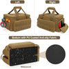 A tan heavy-duty tool bag shown from the left and right, highlighting its padded handle, storage pockets, and waterproof PU c