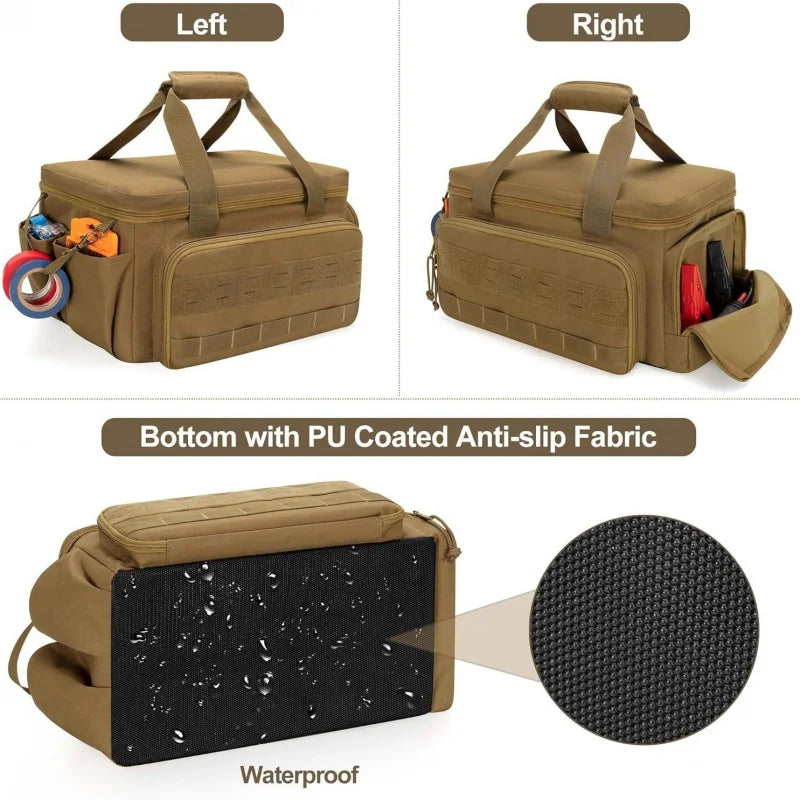 A tan heavy-duty tool bag shown from the left and right, highlighting its padded handle, storage pockets, and waterproof PU c