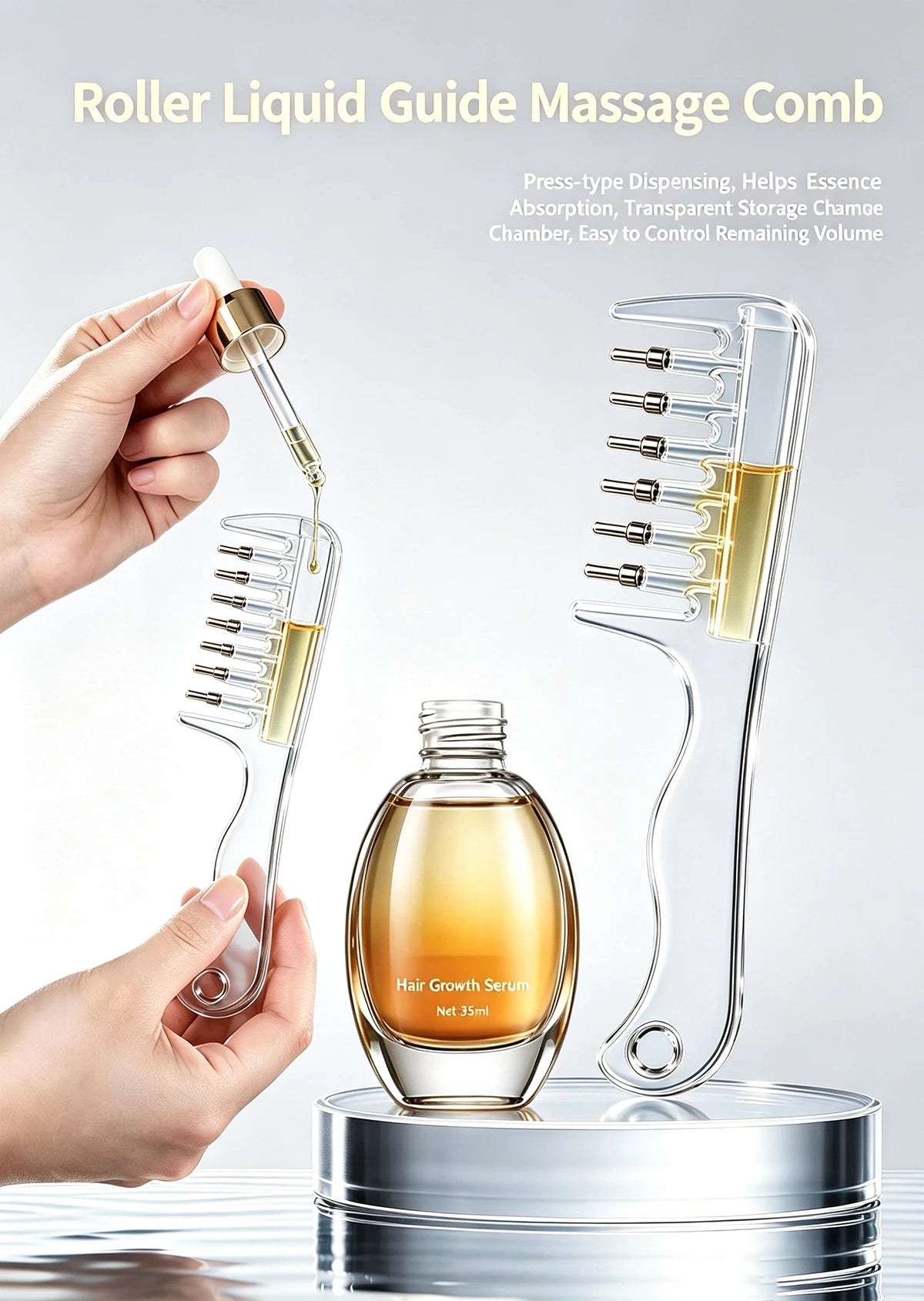 A clear silicone comb with a roller ball applicator is shown next to a glass bottle of hair growth serum.