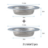 Two premium stainless steel sink drain strainers, 2 liters each, shown with dimensions.