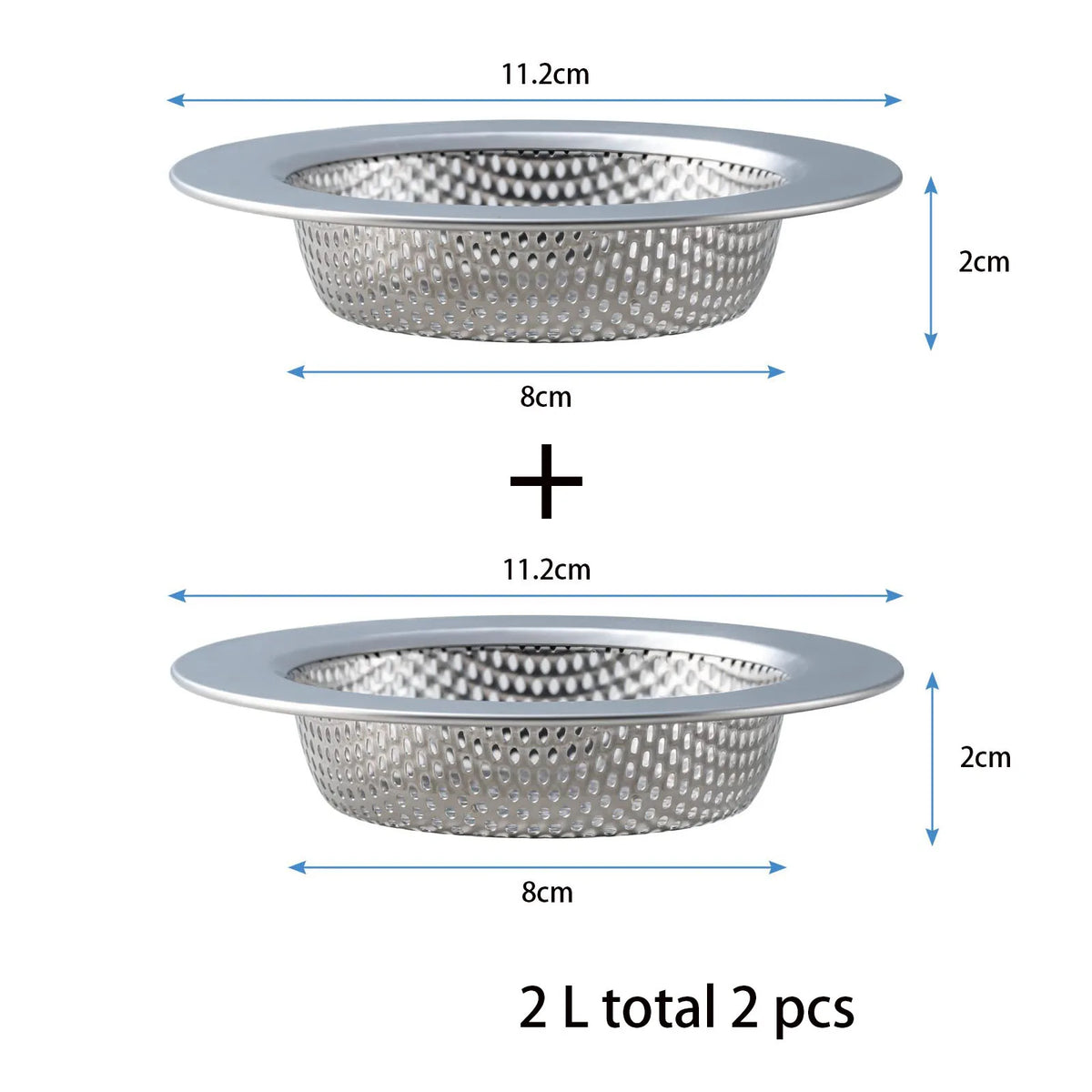 Two premium stainless steel sink drain strainers, 2 liters each, shown with dimensions.