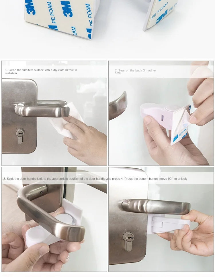 Instructions show how to install an adhesive anti-open latch for a door handle using a 3m foam and adhesive tape.