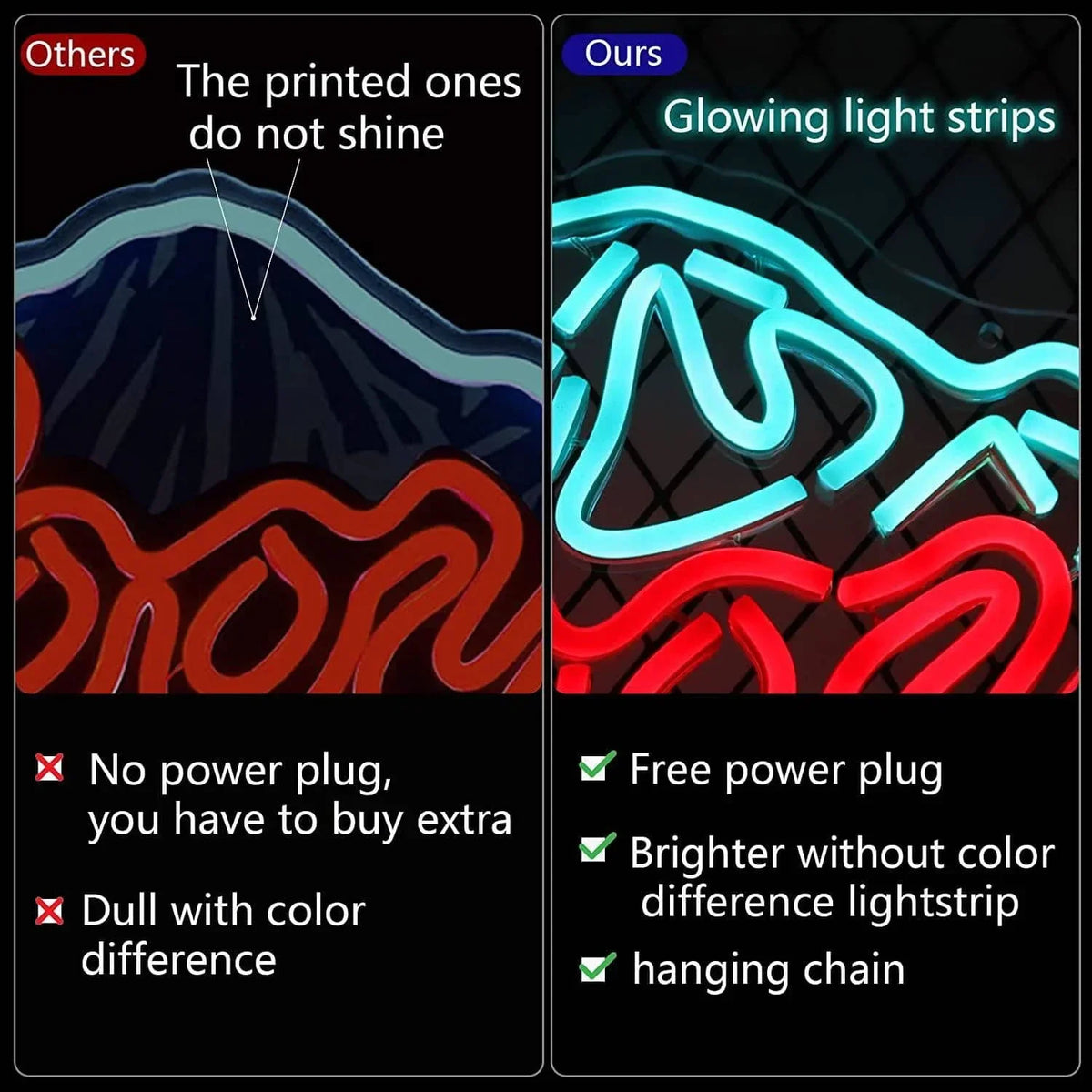 Comparison showing printed ones that do not shine versus glowing light strips with a beer mountain logo.