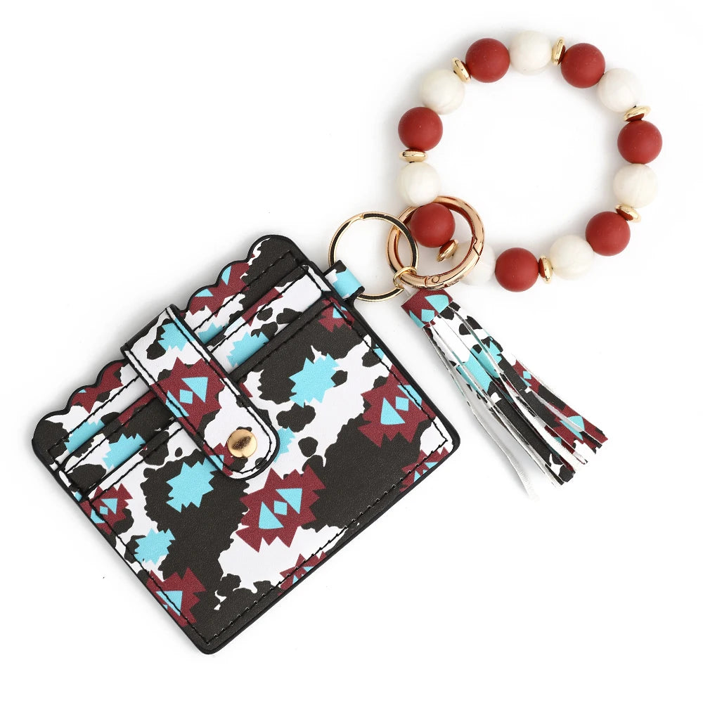 Silicone Bead Bracelet with Leather Card Holder and Tassel
