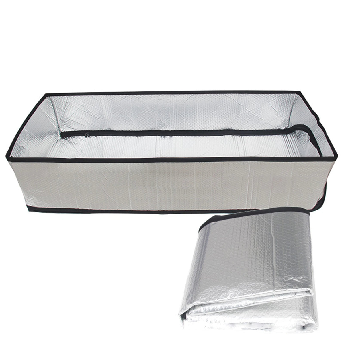 Silver plastic insulation cover for attic stairway, showing a rectangular tray and a folded piece.