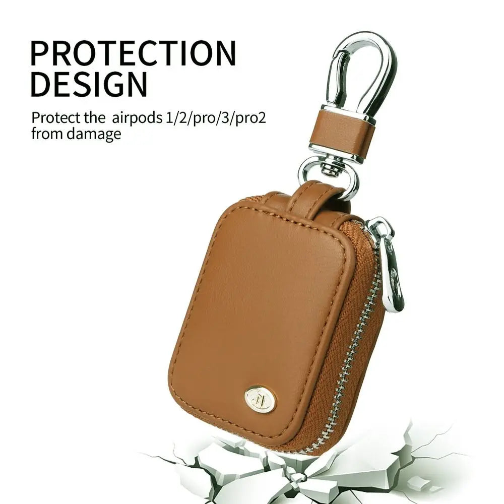 Brown PU leather protective case for AirPods with an anti-lost hook attached
