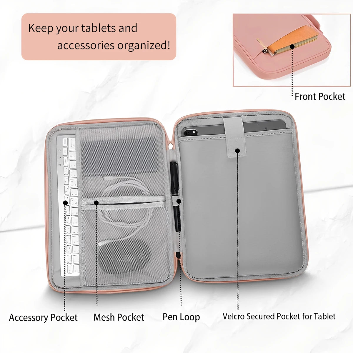 A gray padded laptop sleeve bag with multiple pockets and a front pocket shown open to display its features.