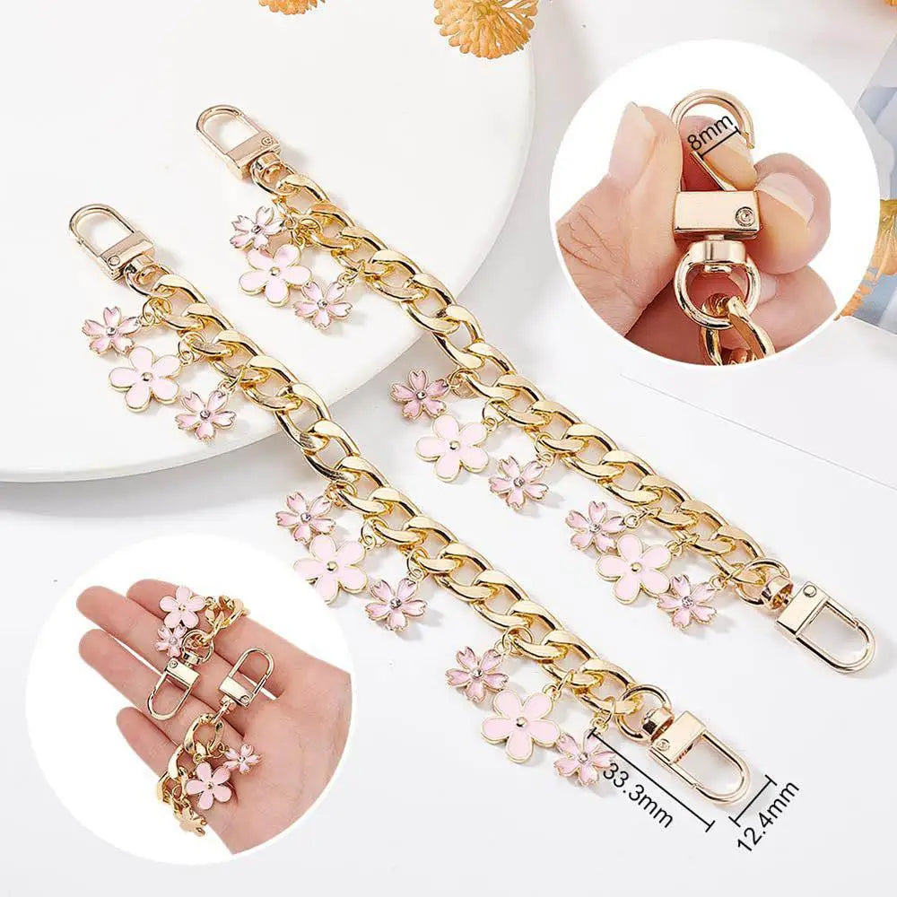 Cherry Blossom Bow Enamel Bag Chain with Heart Charms