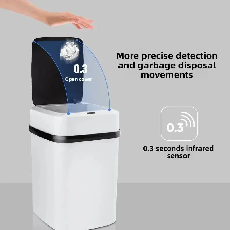 A white touchless trash can with a clear lid showing an infrared sensor detection area.