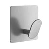 A rectangular silver adhesive stainless steel robe hook mount with a curved hook.