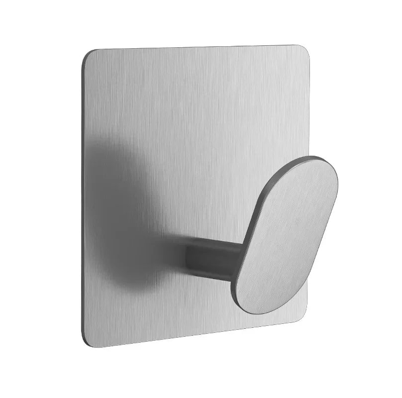 A rectangular silver adhesive stainless steel robe hook mount with a curved hook.