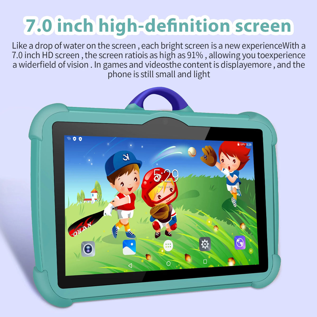 A teal-colored tablet screen displaying a vibrant outdoor scene with children playing in a grassy field.