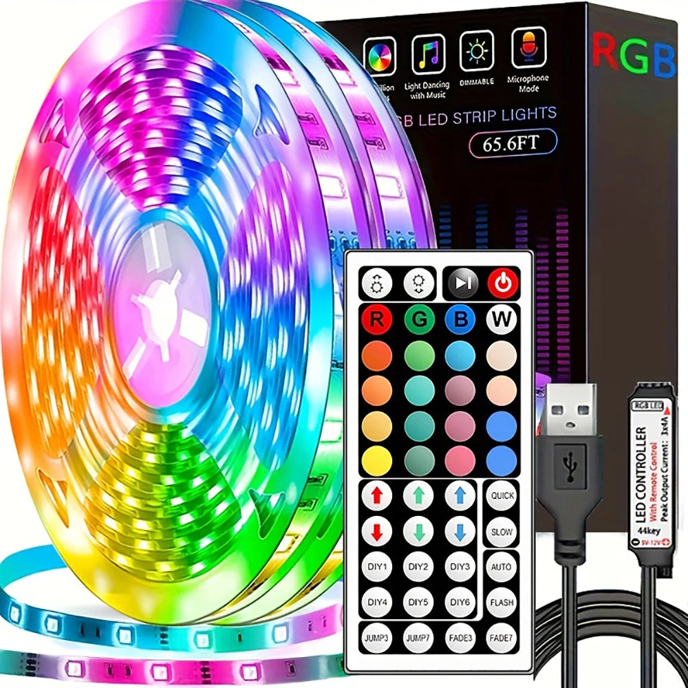 An RGB LED strip light featuring a circular pattern and a control panel with buttons for color selection.