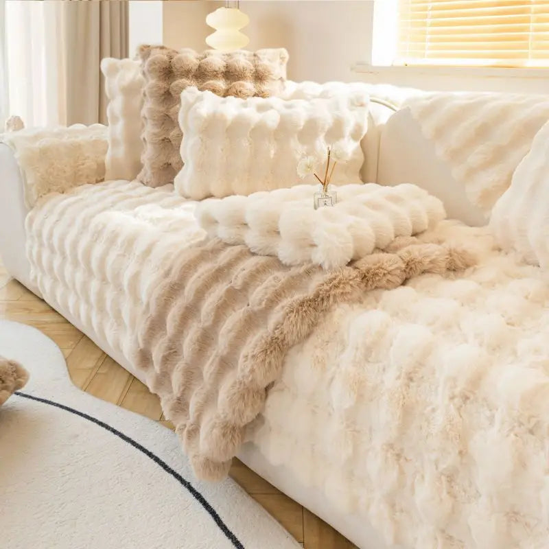 Plush Rabbit-Feel Sofa Cover with Anti-Slip Backing