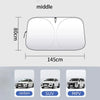 Diagram showing the dimensions of a foldable windshield sun shade with UV protection, including middle view and side views of