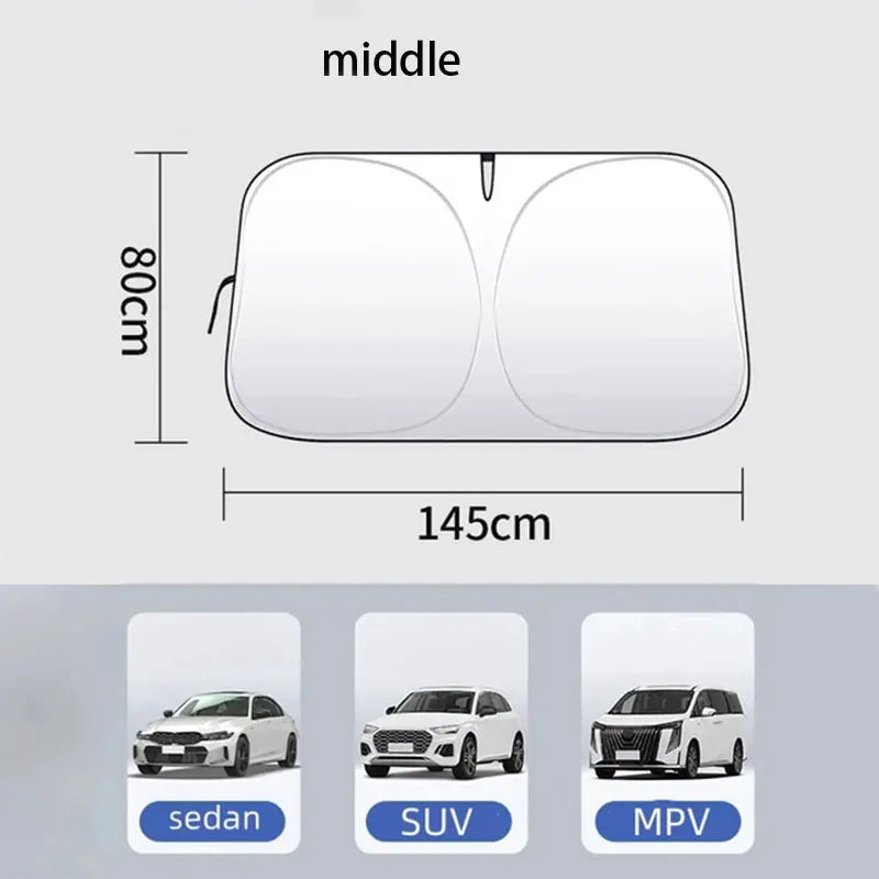 Diagram showing the dimensions of a foldable windshield sun shade with UV protection, including middle view and side views of