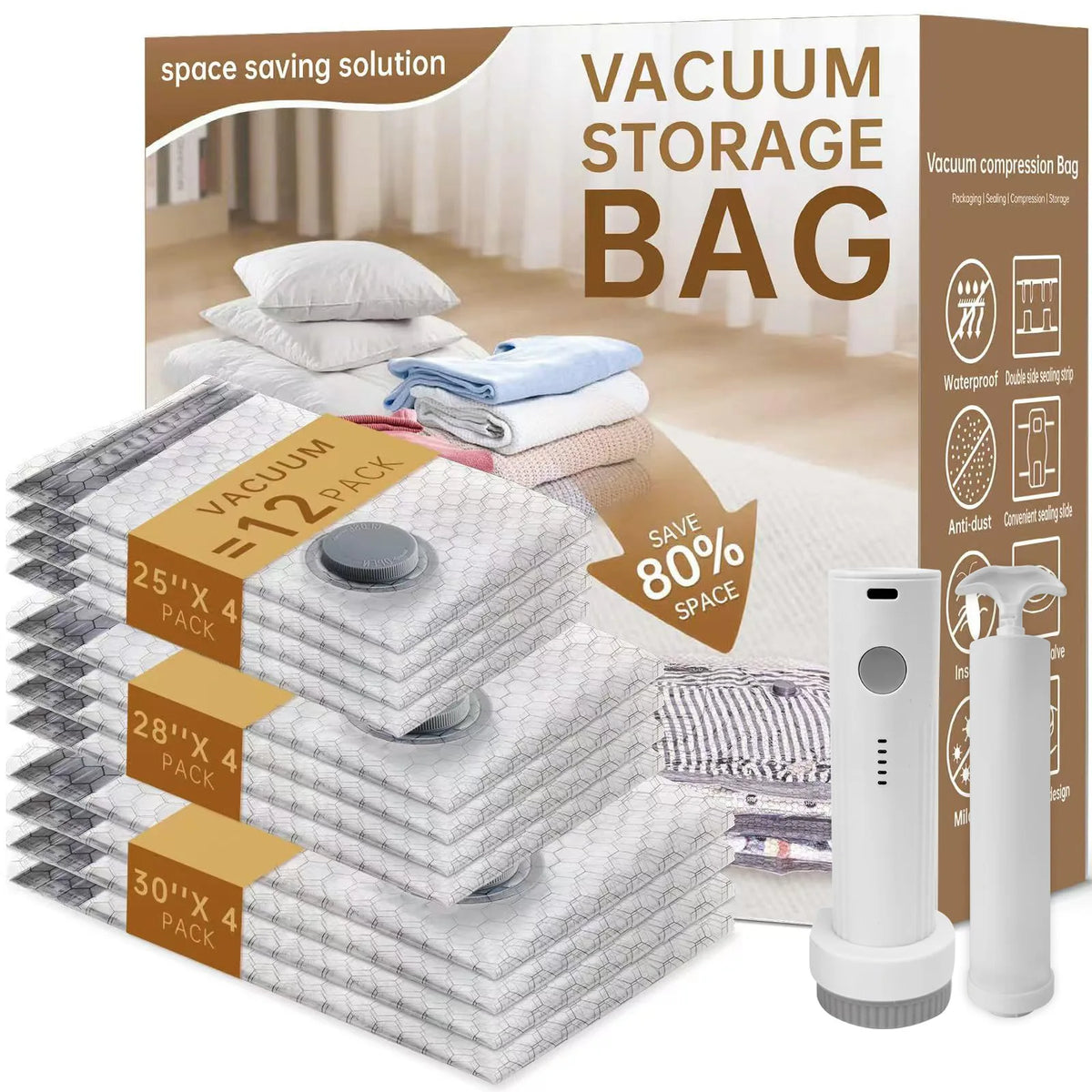 A box showing vacuum storage bags stacked, with a white bag and a white compression bag displayed.