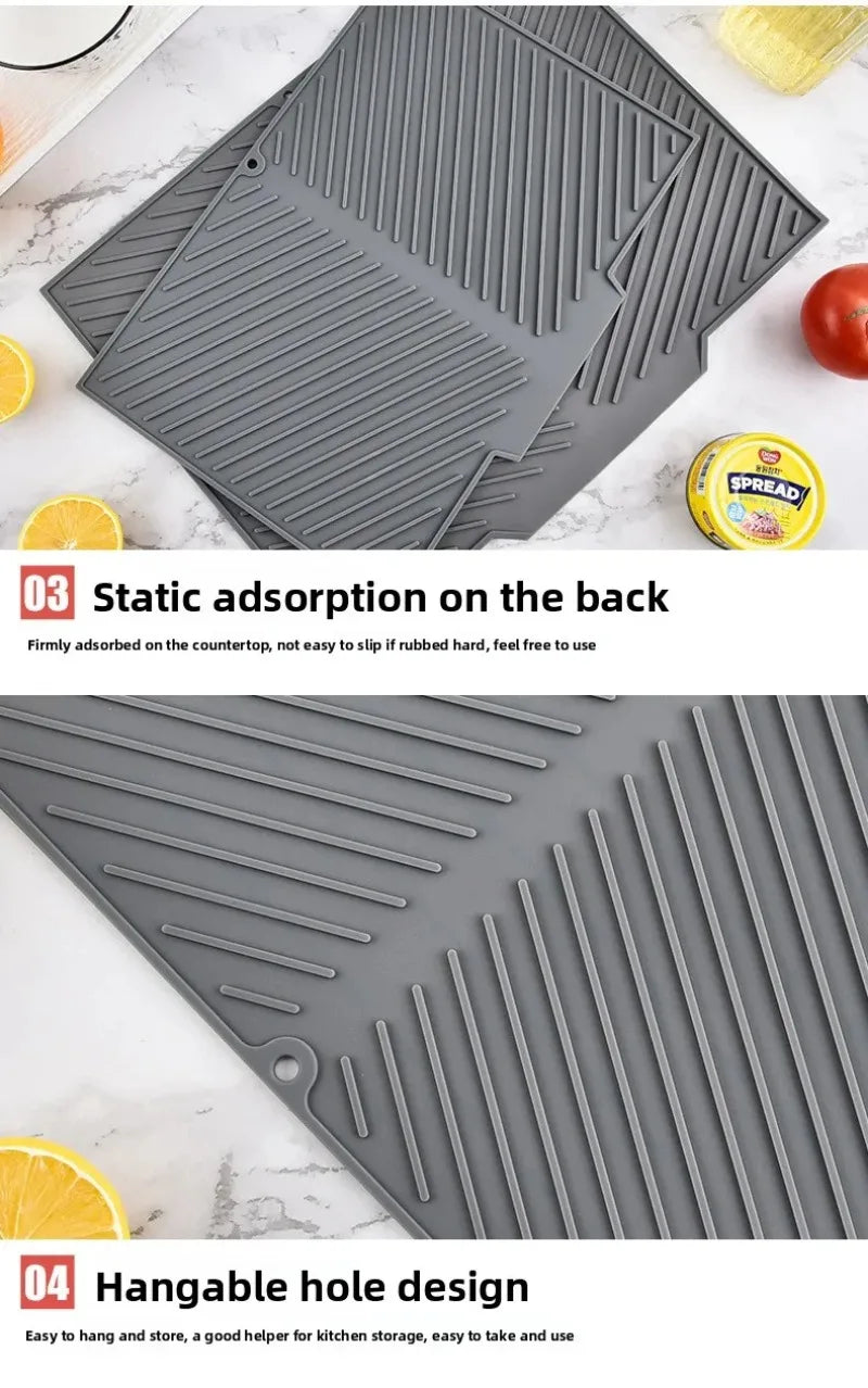 A silicone dish drying mat with a ribbed design is shown being used on a countertop.