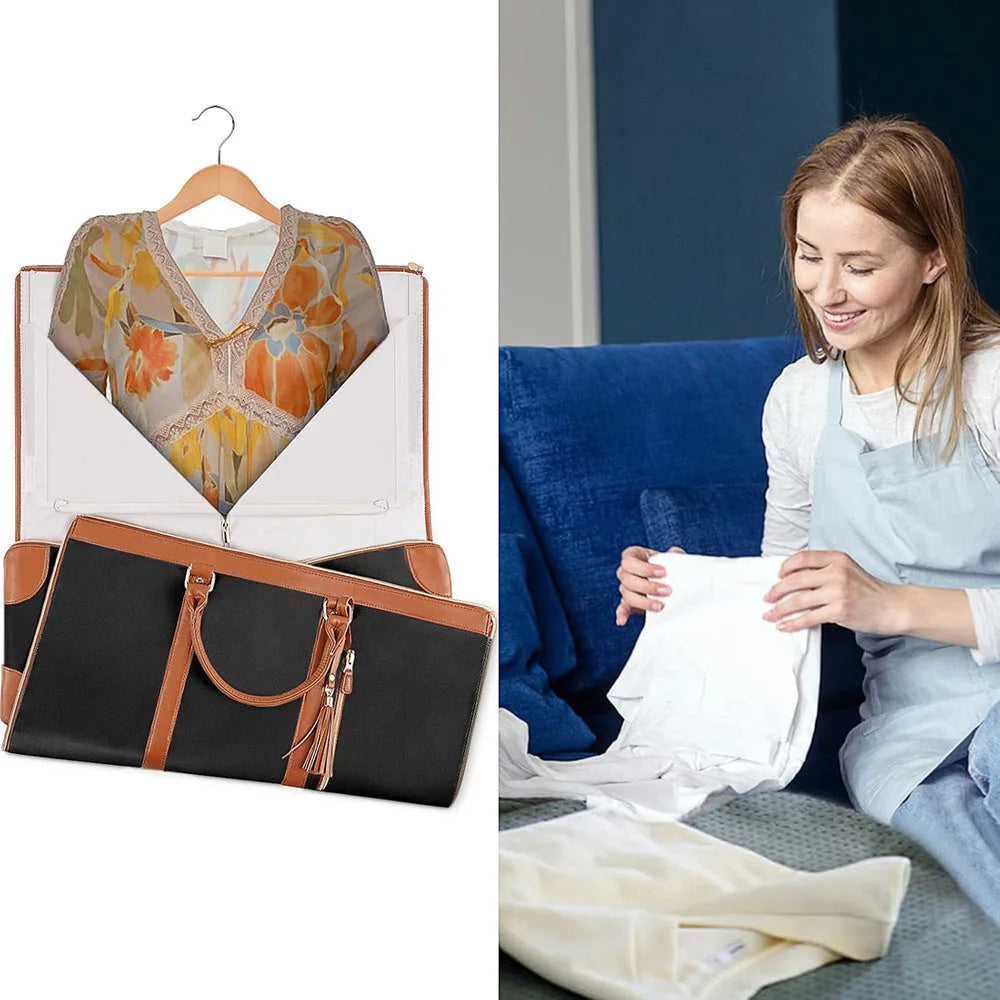 A foldable travel garment duffel bag with a decorative top and an attached shoe pouch shown next to a woman.