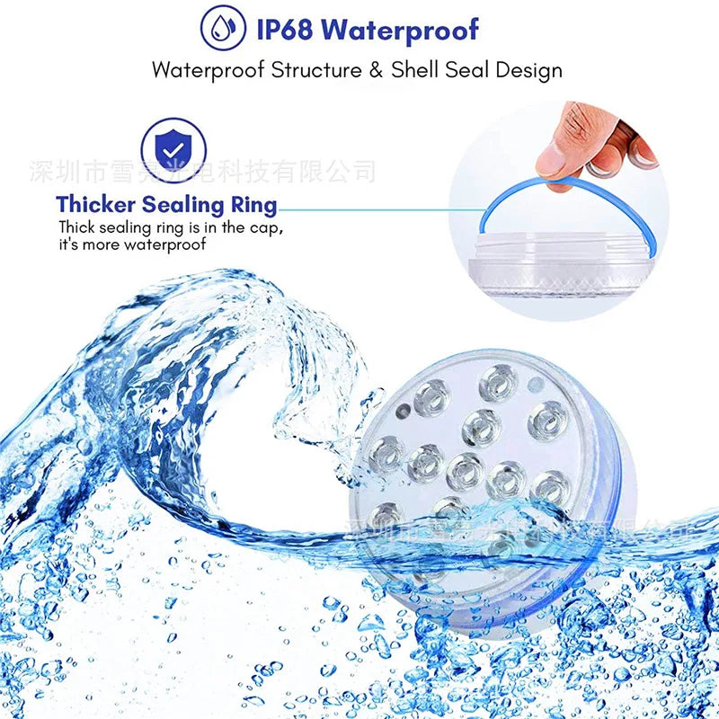A close-up of a submersible LED pool light being tested for waterproof performance, showing water splashing around the produc
