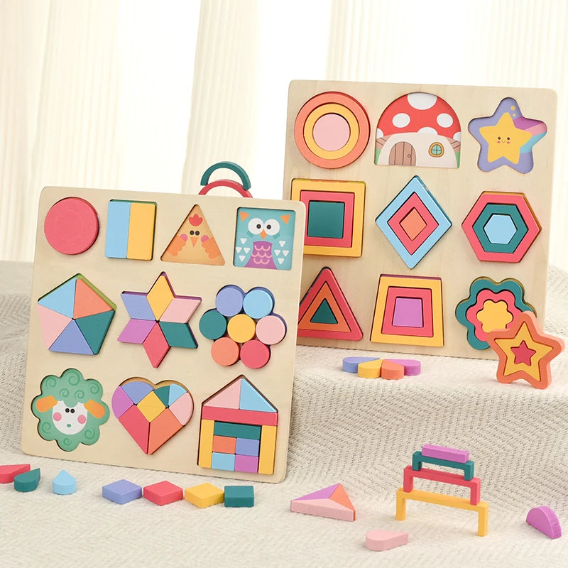 A wooden rainbow shape puzzle featuring colorful geometric shapes for kids.