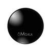 A round, glossy black glass cabochon for jewelry making with the brand name OM GALA engraved on it.
