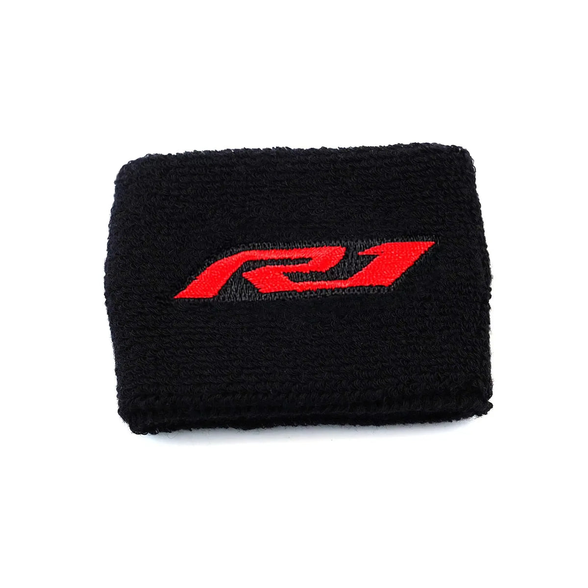 Black knitted sock cover for a brake fluid reservoir, featuring a red Yamaha R1 logo.