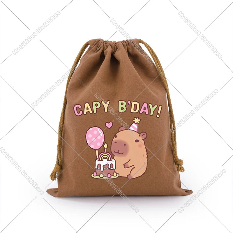 A brown drawstring storage bag featuring a cute capybara illustration for a birthday gift.