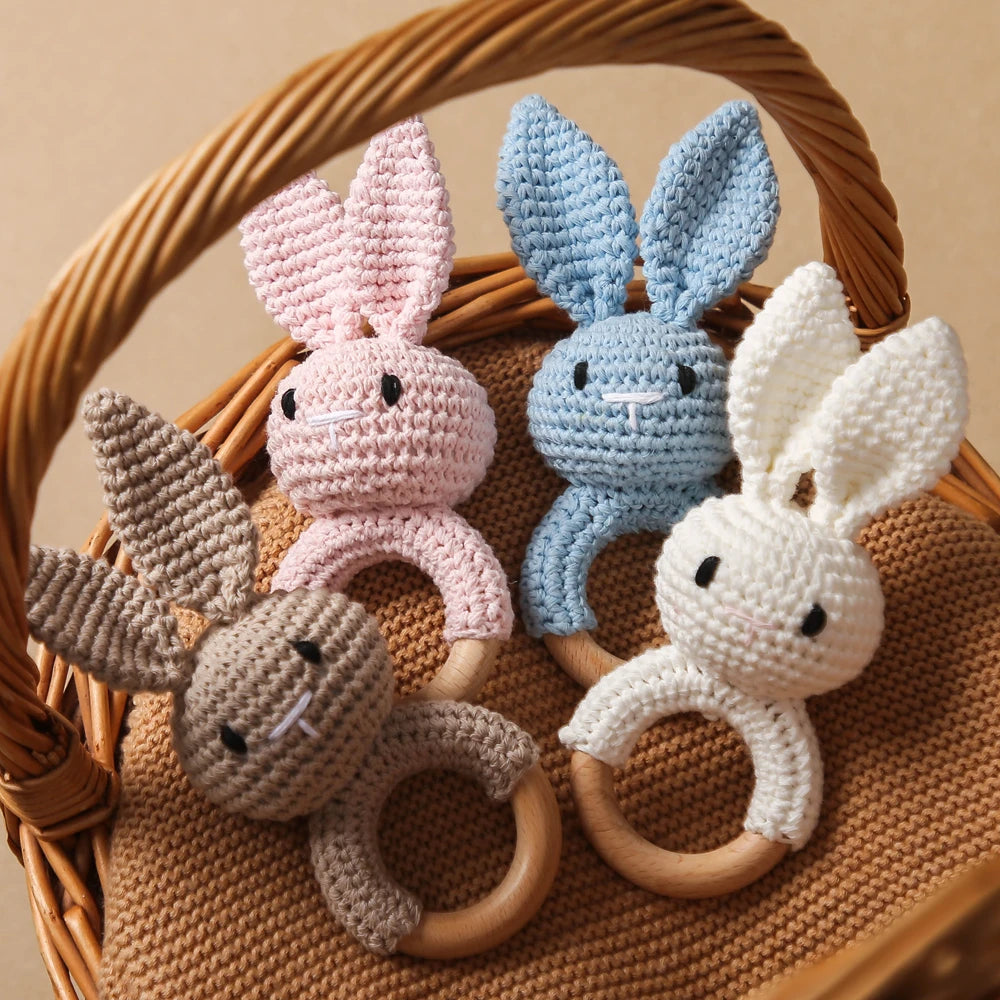 Handmade Crochet Bunny Rattle with Wooden Teether for Babies