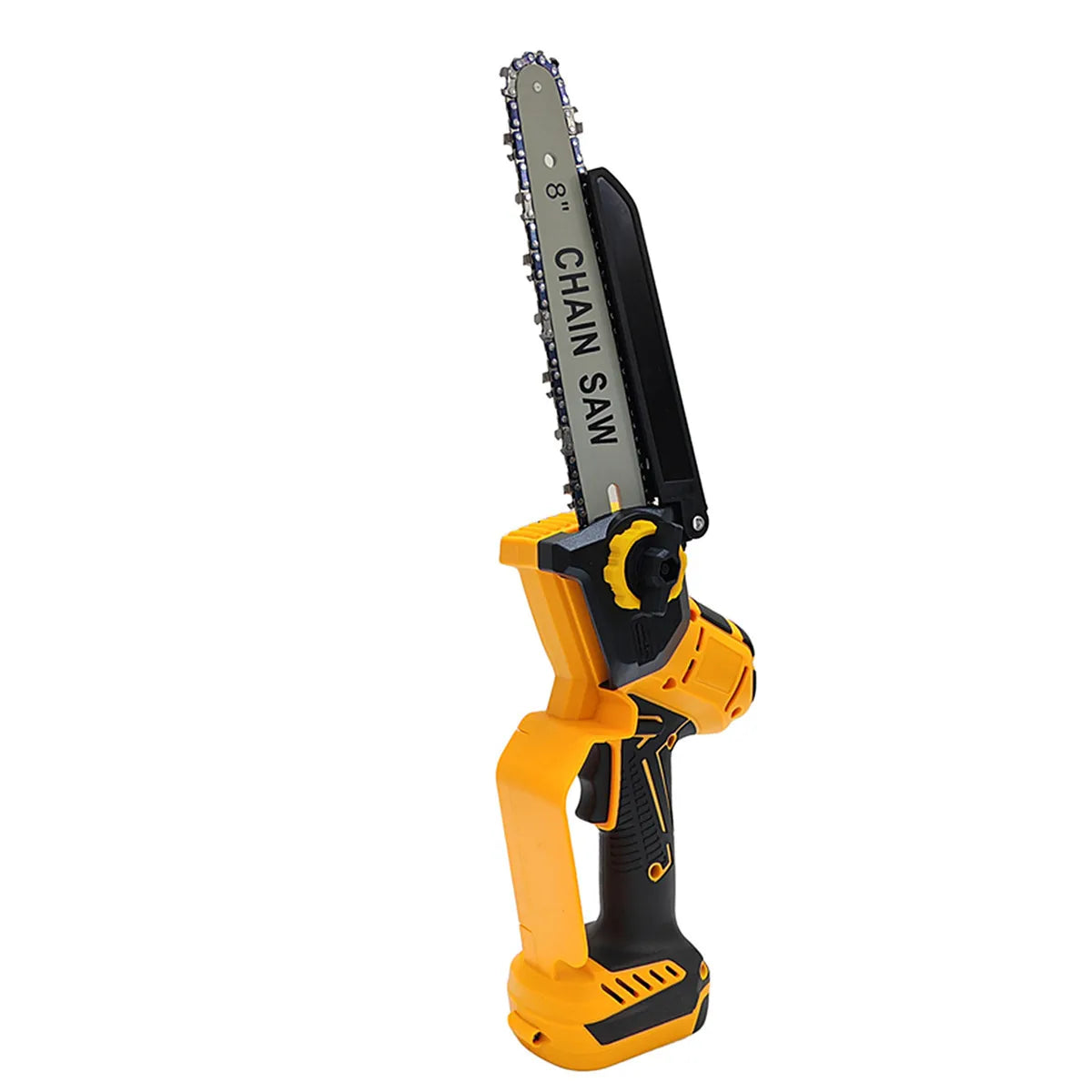Yellow and black cordless 8-inch brushless electric chainsaw with a metal chain visible.