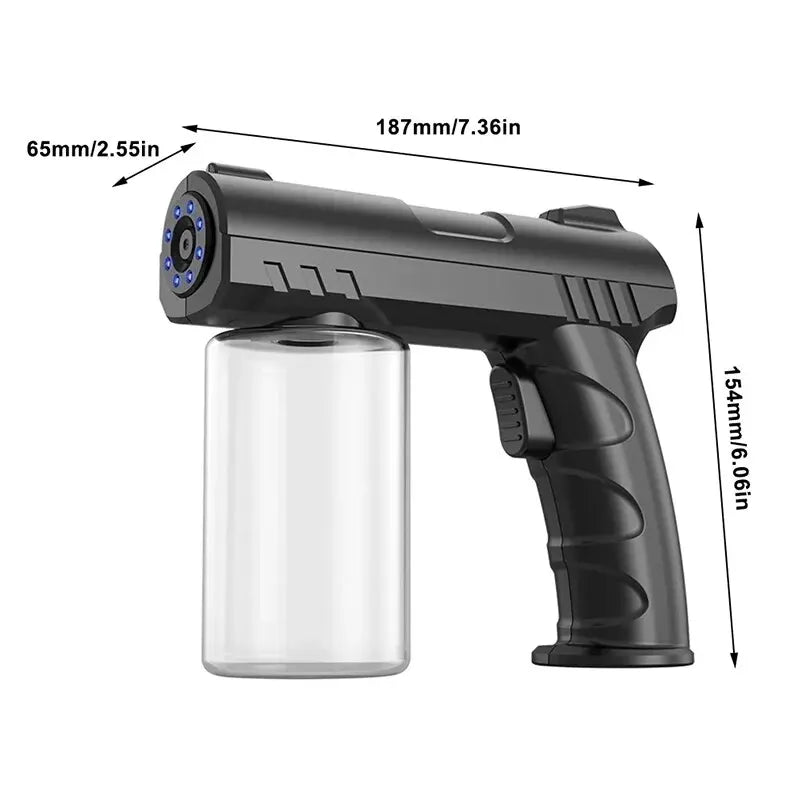 A black rechargeable electric spray bottle with a clear container and a nozzle, shown from the side.