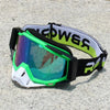 A pair of retro motorcycle sunglasses with night vision lenses featuring a black strap and neon green frame.