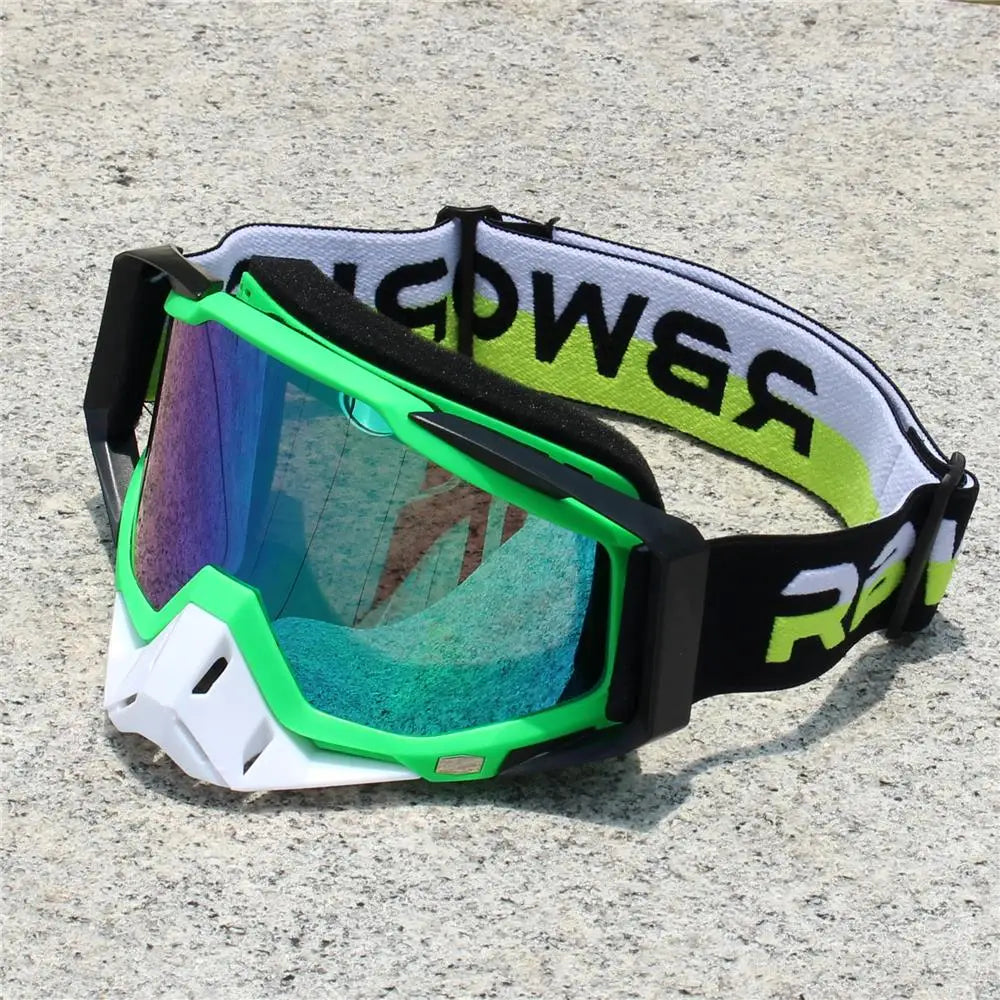 A pair of retro motorcycle sunglasses with night vision lenses featuring a black strap and neon green frame.