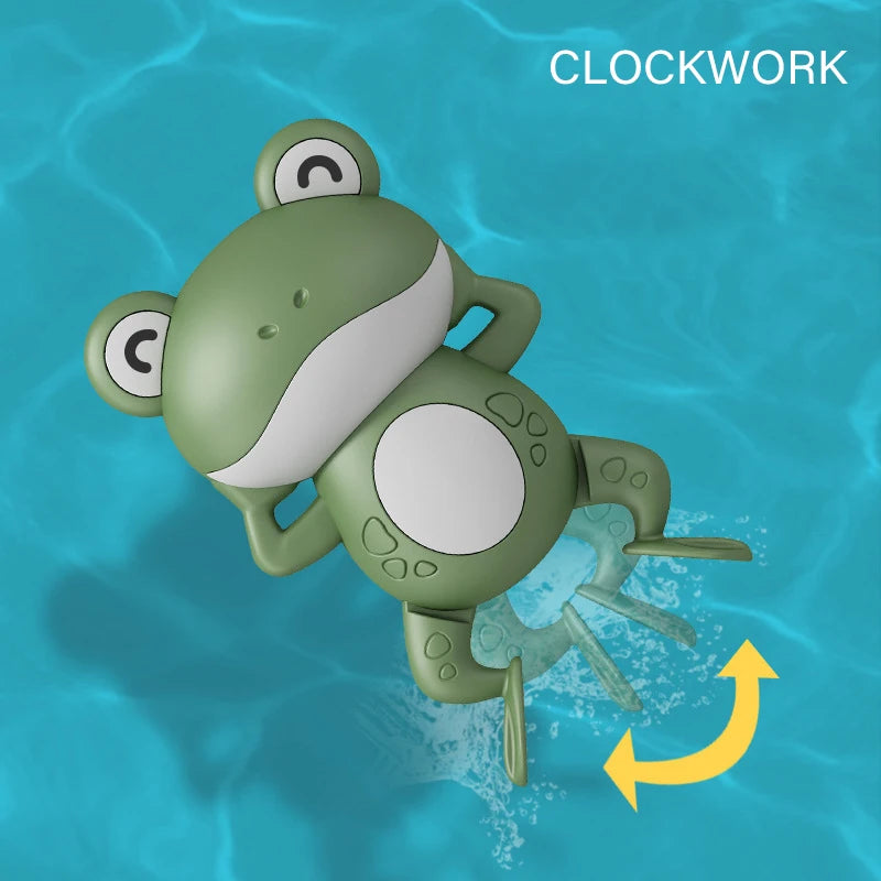 A green wind-up swimming frog toy is shown underwater with a yellow arrow indicating movement.