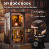DIY book nook featuring a detailed detective house scene with soft lighting and touch switches.