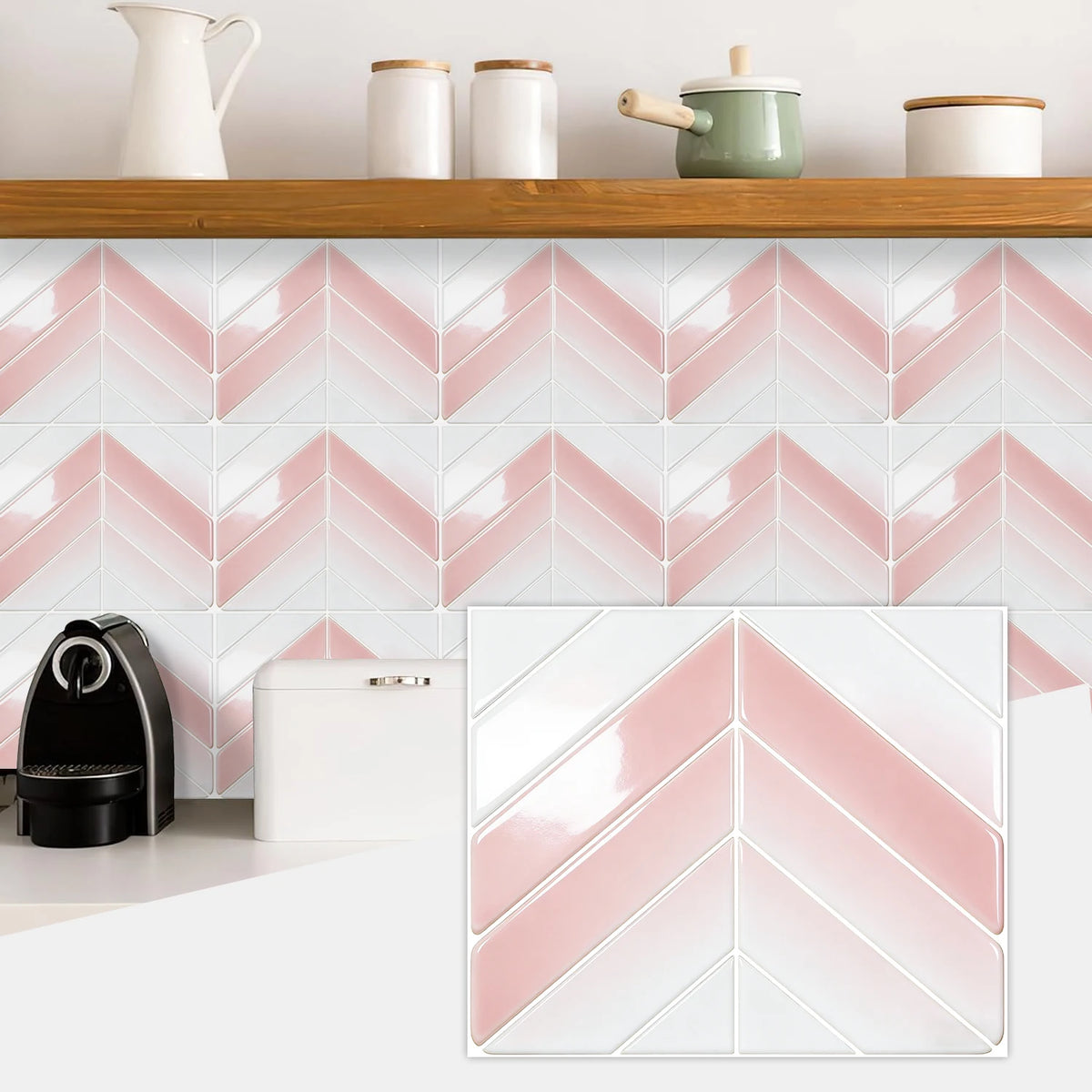 Pink and white herringbone marble peel-and-stick wall tiles displayed on a wooden shelf.
