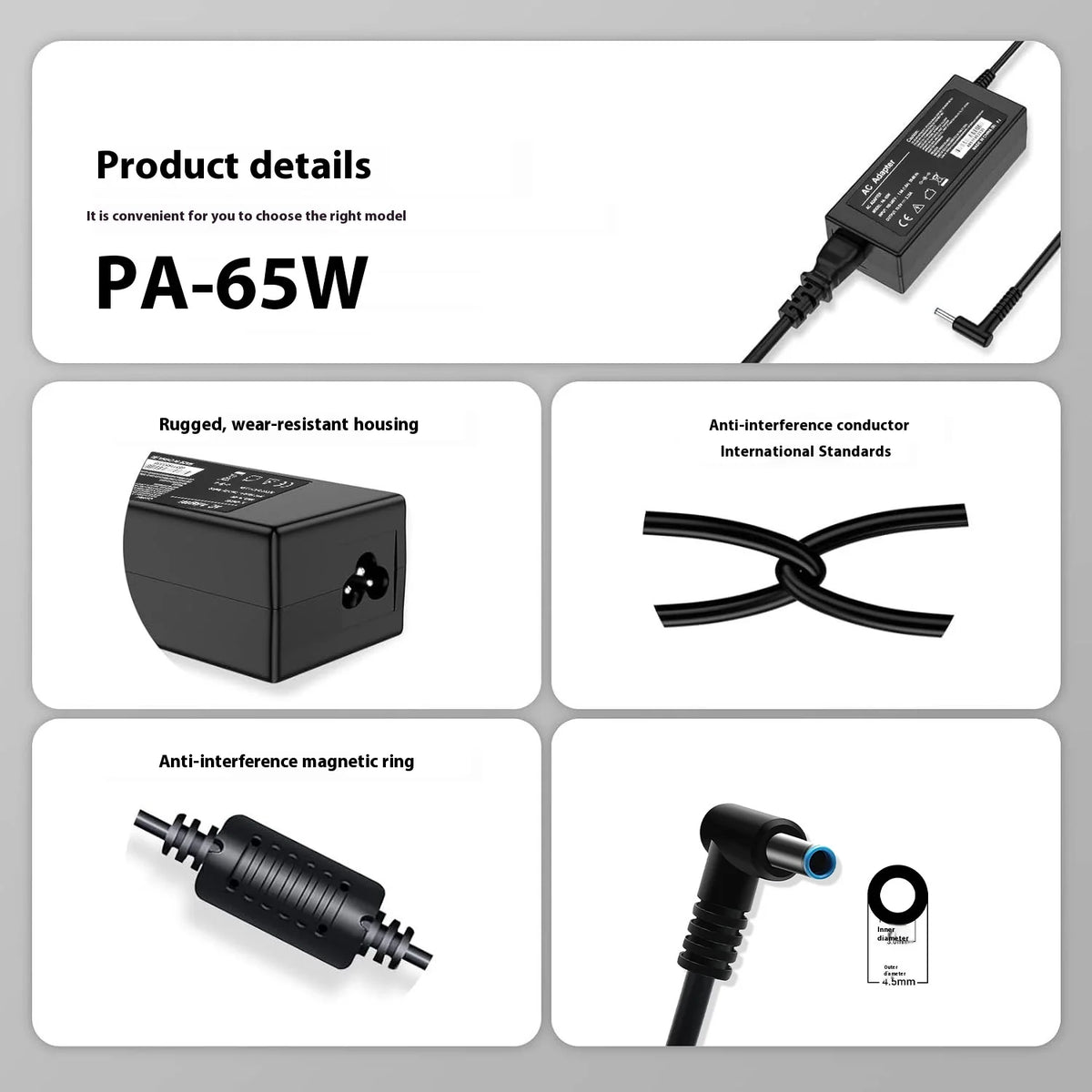Schwarzes universelles Laptop-Netzteil mit Stecker und Magnetring-Komponente.