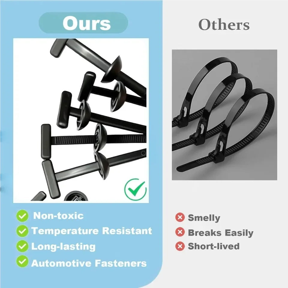 Image showing self-locking nylon cable tie buckles for automotive and home repairs, categorized under Ours and Others.