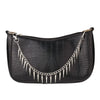 Black crocodile embossed leather handbag with a silver spike chain strap