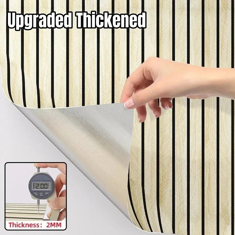 A hand is shown peeling off a section of upgraded thickened wood grain wallpaper roll with vertical stripes.