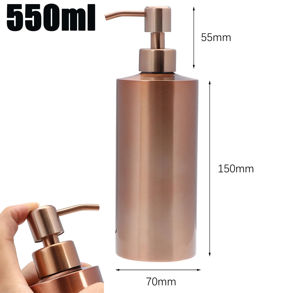 A rose gold stainless steel liquid soap dispenser bottle with a pump top and measuring markings.