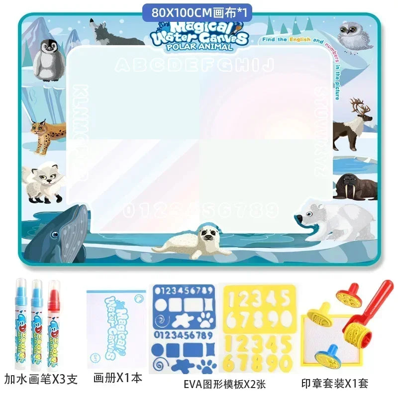 A set of reusable water drawing mats and magic pens for kids featuring polar animals and other designs.