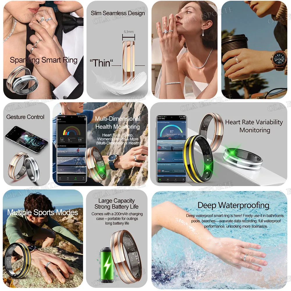 A collection of smart health rings and accessories demonstrating various features like slim design, gesture control, heart ra