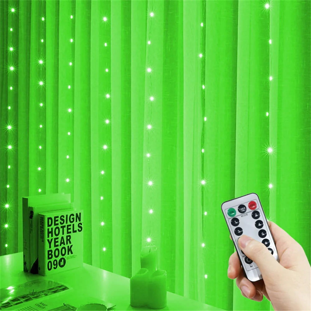 A hand holds a smartphone displaying USB LED curtain lights with remote, illuminating bright green curtains.