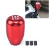 A shiny red aluminum gear shift knob with three mounting adapters shown next to a close-up of the knob.