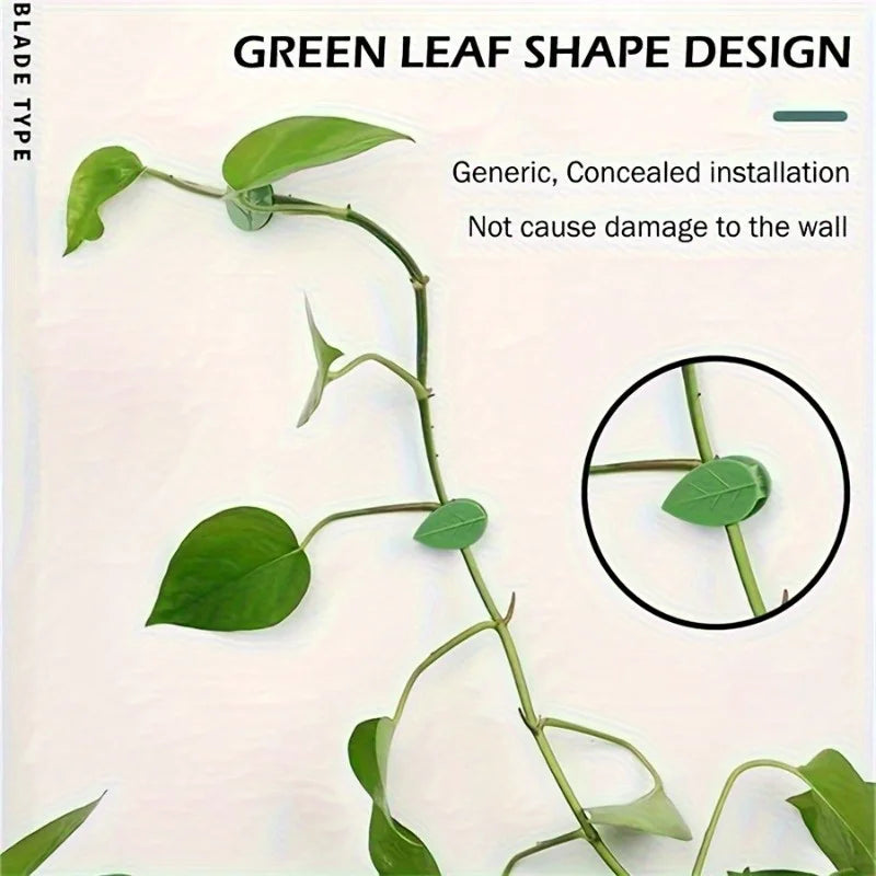 A green leaf shaped design illustrating a generic, concealed installation for plant wall clips.