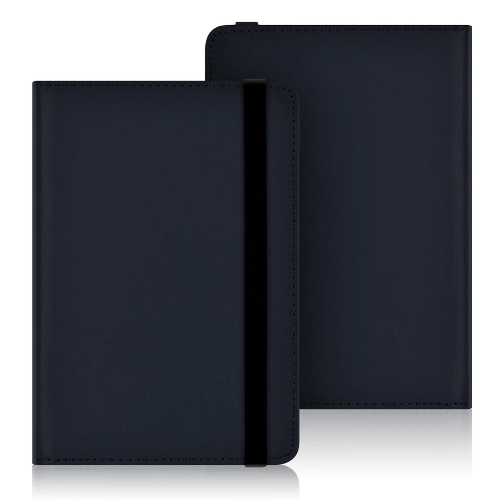 A dark navy blue universal e-reader case with a hand strap, shown in a closed, rectangular format.