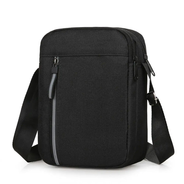 Black water-resistant nylon crossbody bag for men shown from the front.