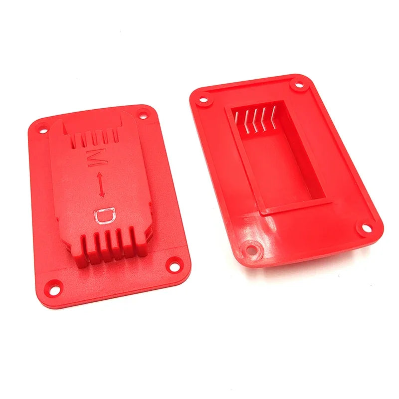 Red wall-mounted battery tool holder for Dewalt and Milwaukee tools